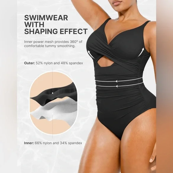 SHAPELLX Women’s Tummy Control Swimsuit V Neck Ruched Push Up Built-in Bra - Picture 4 of 10